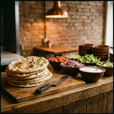 Il banco con le piadine calde, le verdure tagliate e le salse pronte