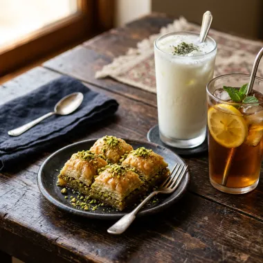 Baklava al pistacchio servita con ayran e tè freddo