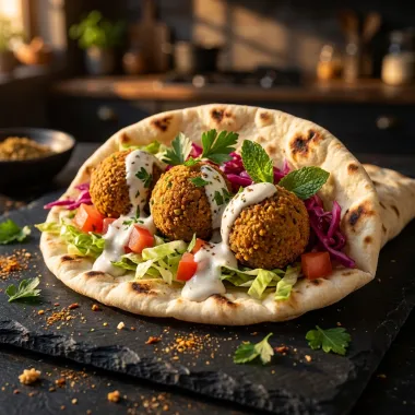 Panino con falafel di ceci, verdure fresche e salsa allo yogurt
