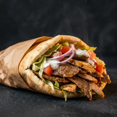 Panino kebab con carne di pollo e tacchino, insalata, pomodoro e salsa a scelta
