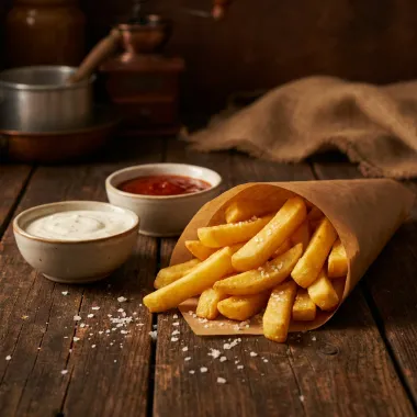 Cono di patatine fritte croccanti con salsa allo yogurt e salsa piccante