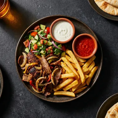 Piatto con carne di pollo e tacchino, patate fritte, insalata e ciotoline di salsa